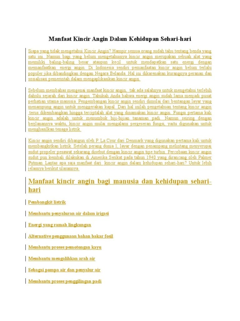 Manfaat Kincir Angin Dalam Kehidupan Sehari | PDF