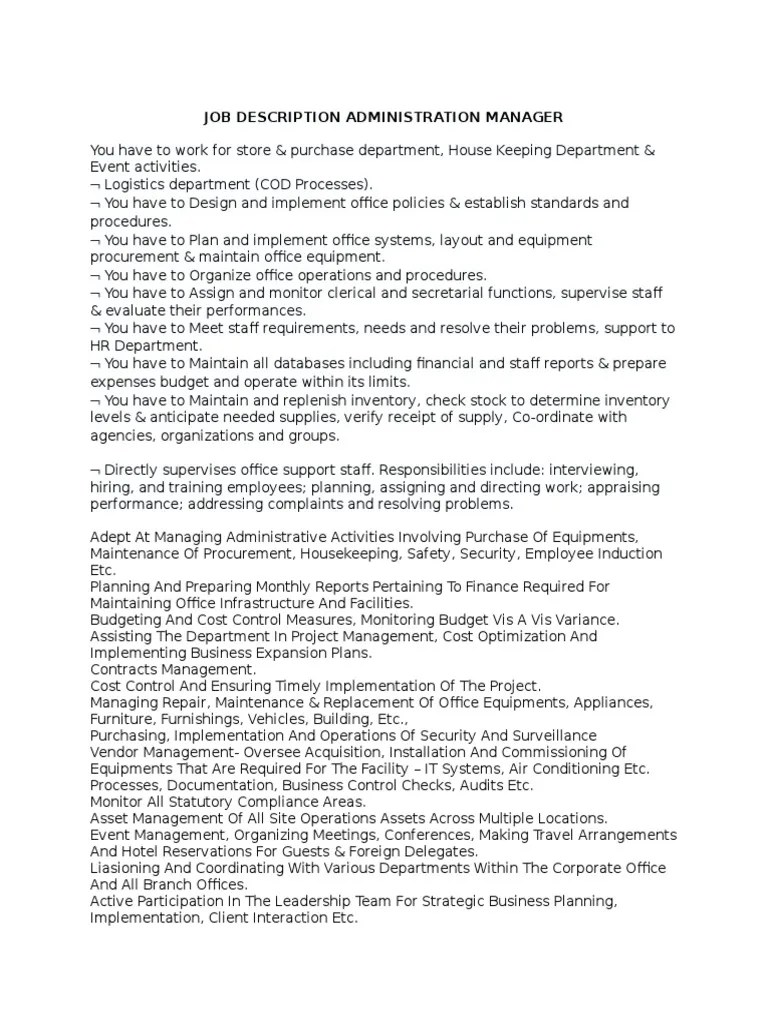 Job Description Administration Manager PDF Employment Human