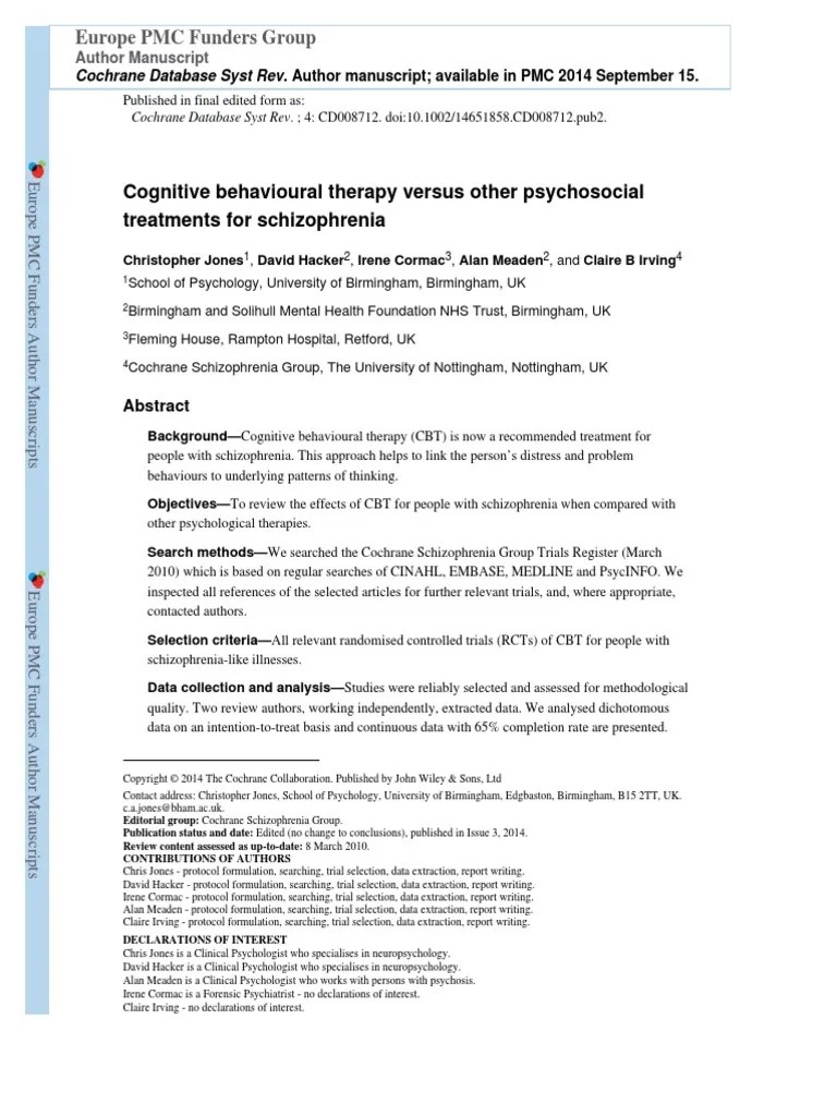 Terapi Perilaku Kognitif Dibandingkan Perawatan Psikososial Lainnya
