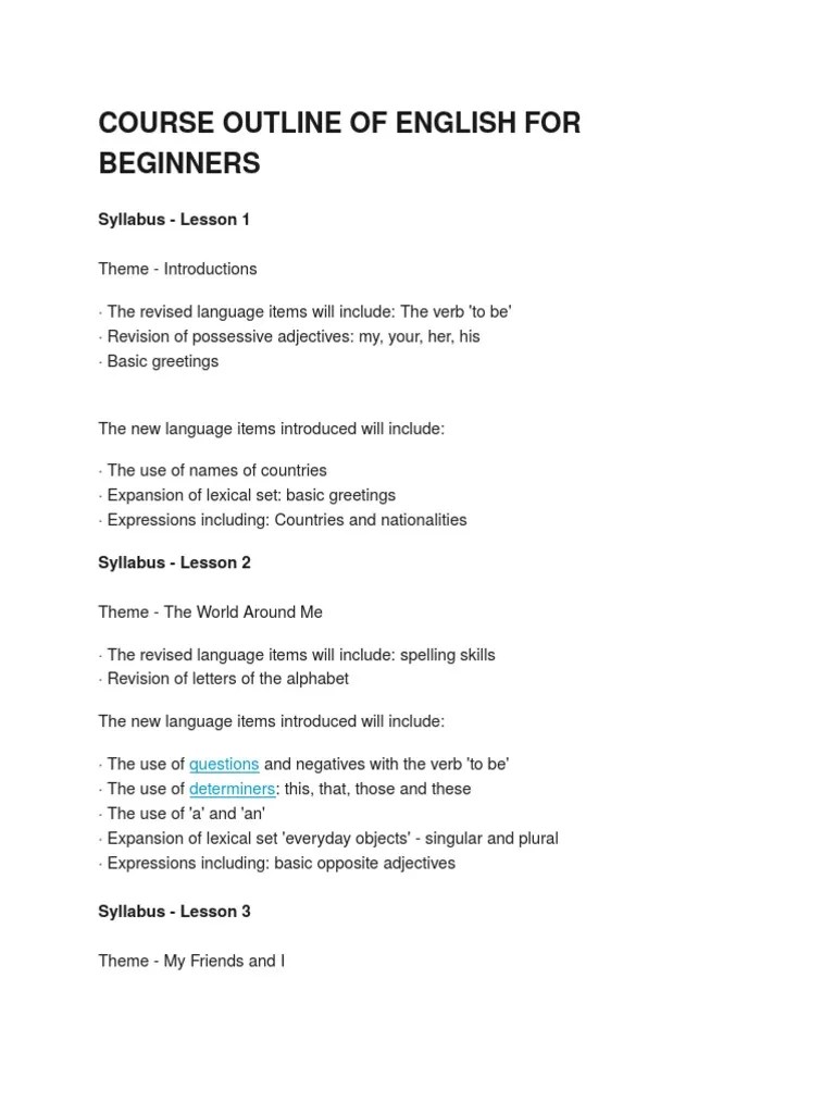 Course Outline of English for Beginners Grammatical Number Verb