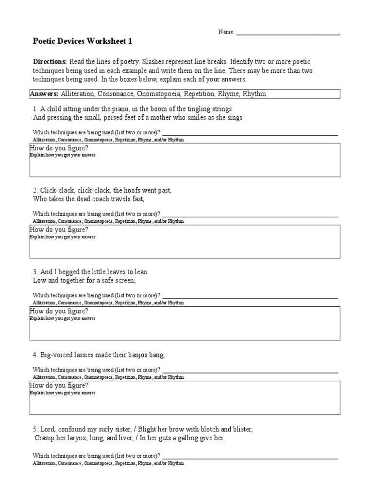 Poetic Devices Worksheet 01 | Rhyme | Poetry