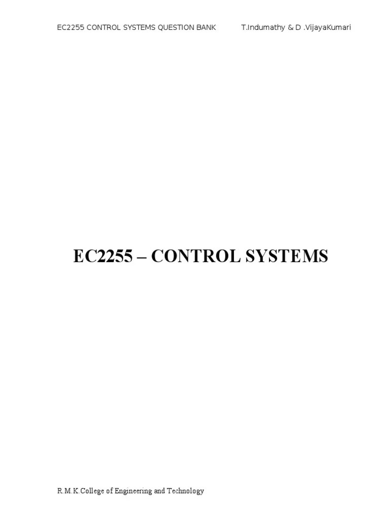 CS 2255 Control Systems Question Bank Download Free PDF Control