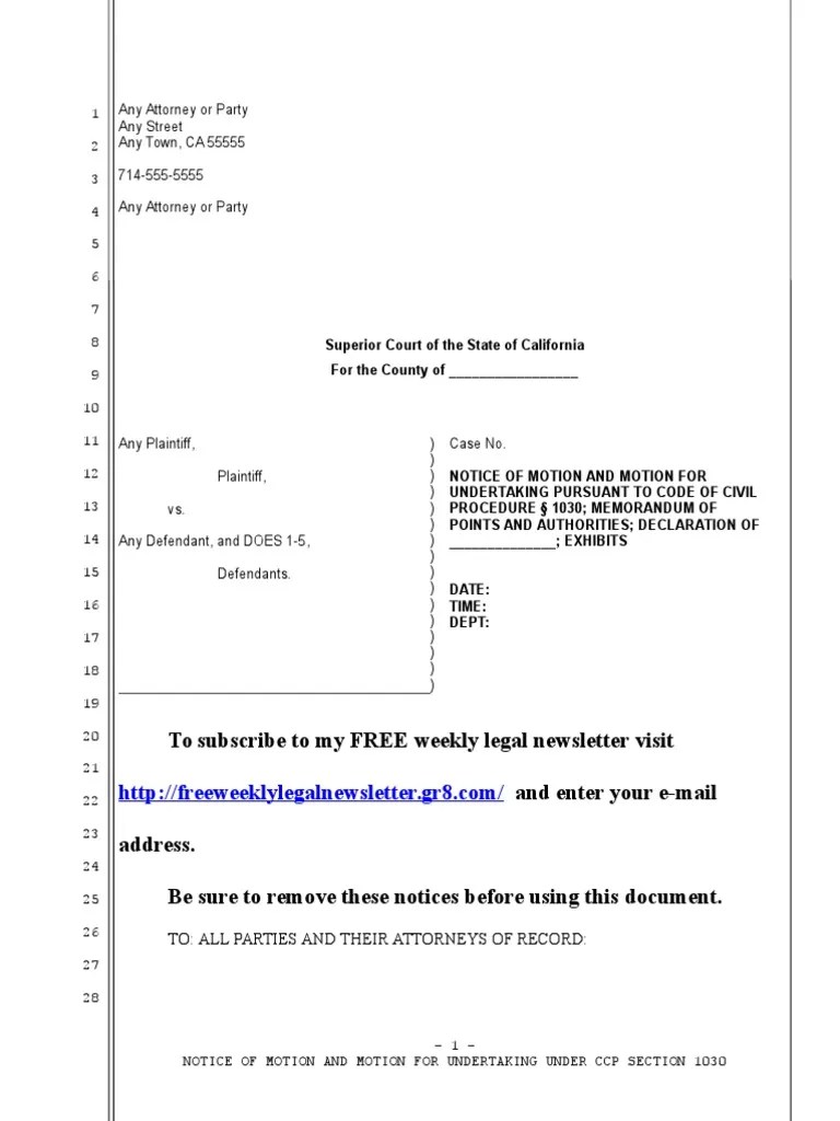 Sample Motion for Undertaking Under Code of Civil Procedure section
