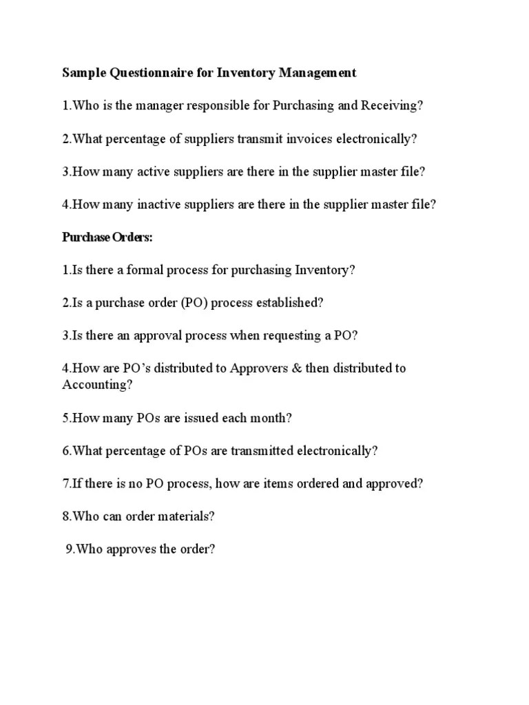 Questionnaire For Inventory Management PDF