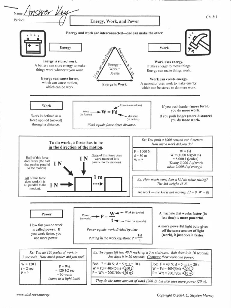 Work And Power Calculations Worksheet Answers - endinspire