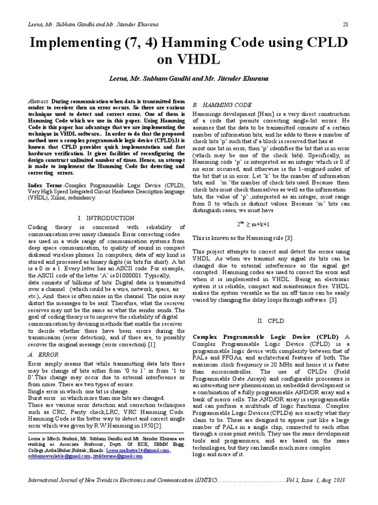 6. Implementing (7, 4) Hamming Code Using CPLD on VHDL Error