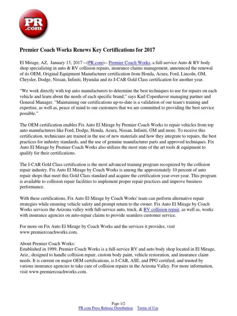 Premier Coach Works Renews Key Certifications for 2017 Dodge Ford