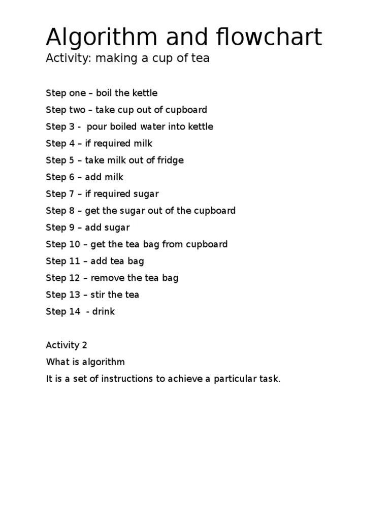 Activity Algorithm Making a Cup of Tea Leaf Algorithms