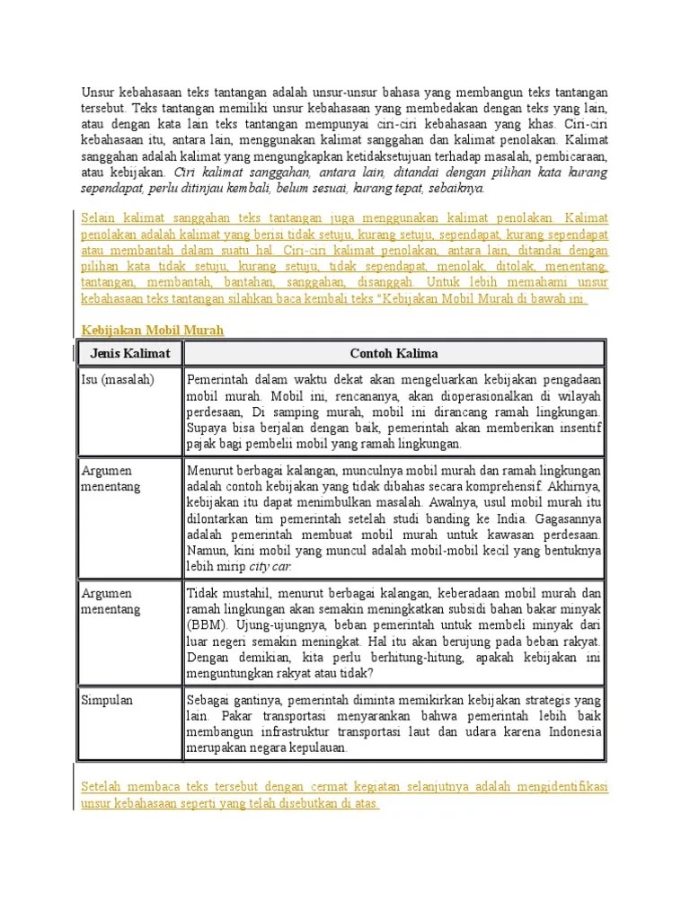 Struktur Dan Unsur Kebahasaan Teks Tantangan