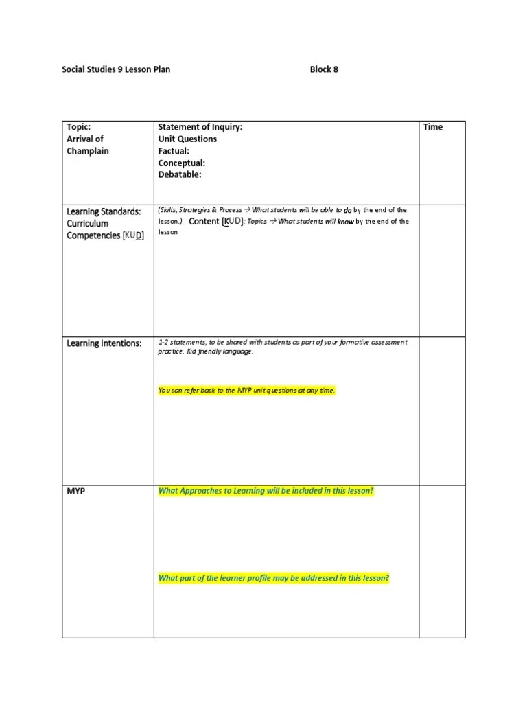 myp lesson plan template with first nation principles of learning intergration Educational