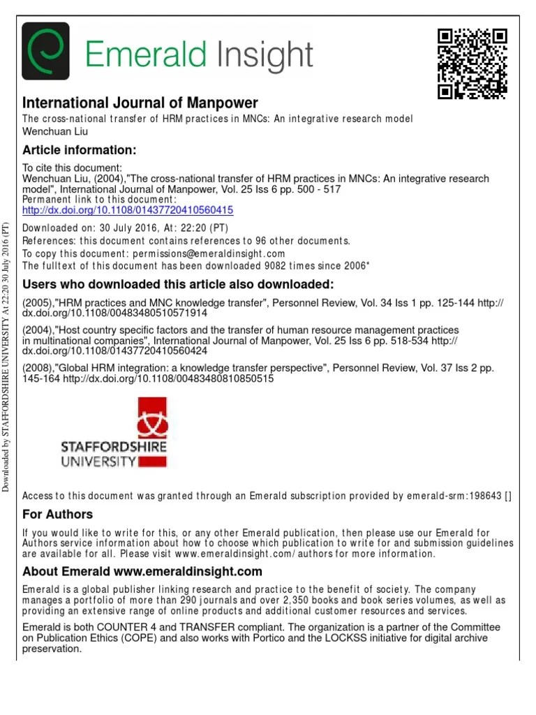 The CrossNational Transfer of HRM Practices in MNCS An Integrative