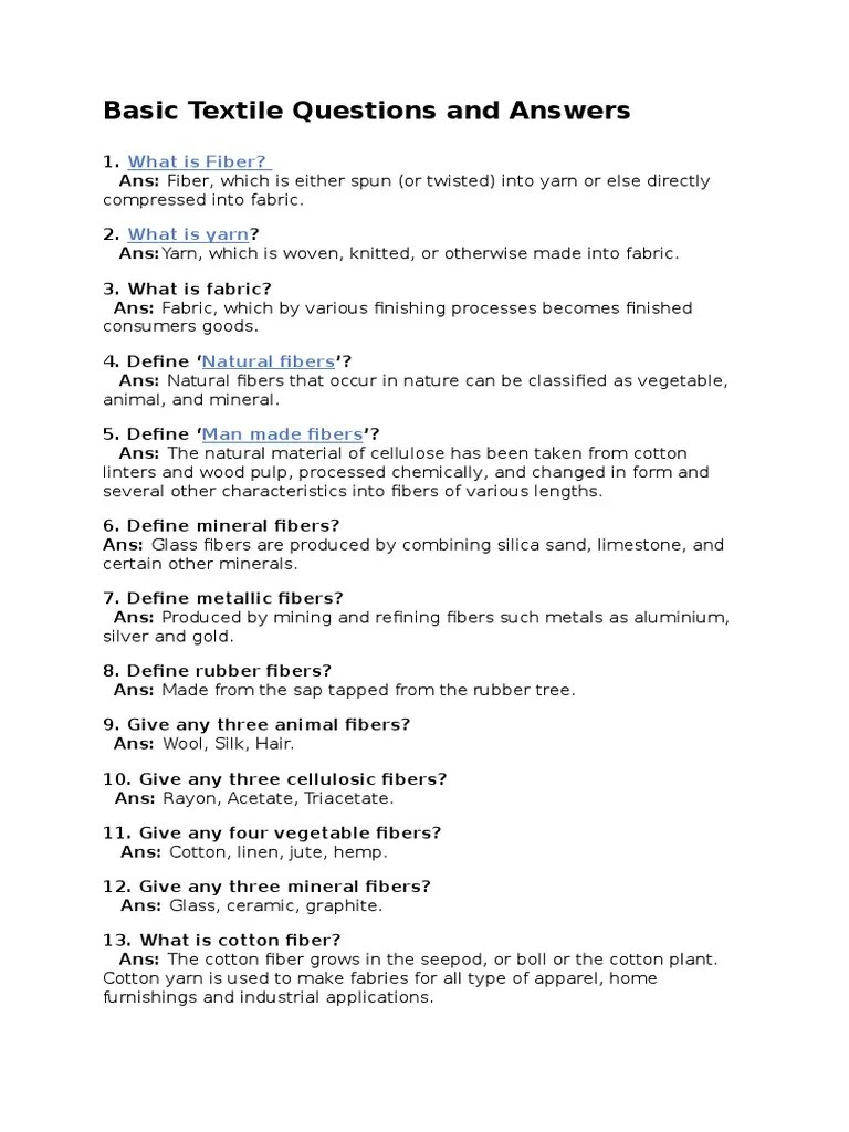 Basic Textile Questions and Answers PDF Seam (Sewing) Fibers