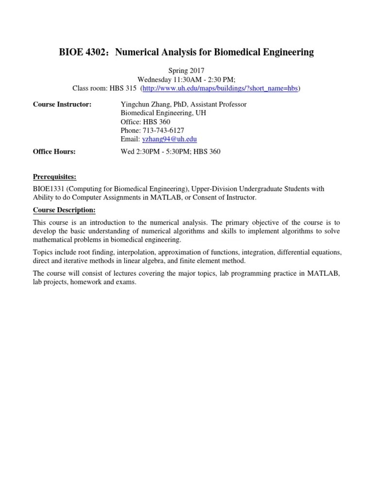 Numerical Analysis Syllabus YZhang2017S PDF Numerical Analysis