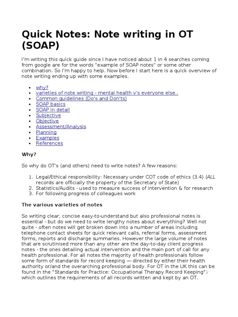 Quick Notes OT's SOAP Symptom