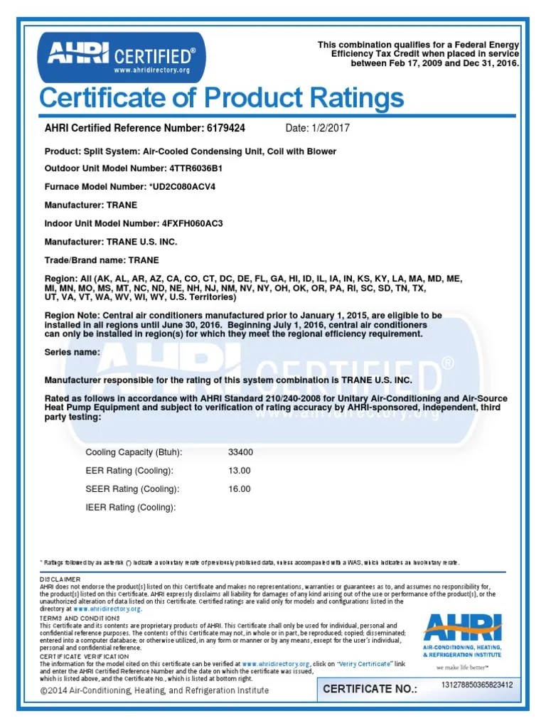 Ahr i Certificate Air Conditioning Heat Transfer