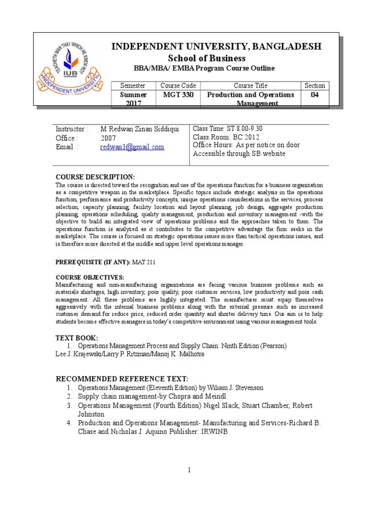 Course Outline (1) Lean Manufacturing Operations