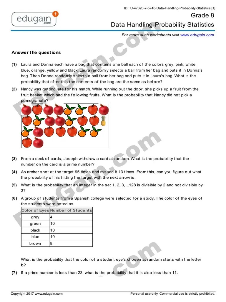 Grade 8 Data Handling-Probability Statistics: Answer The Questions