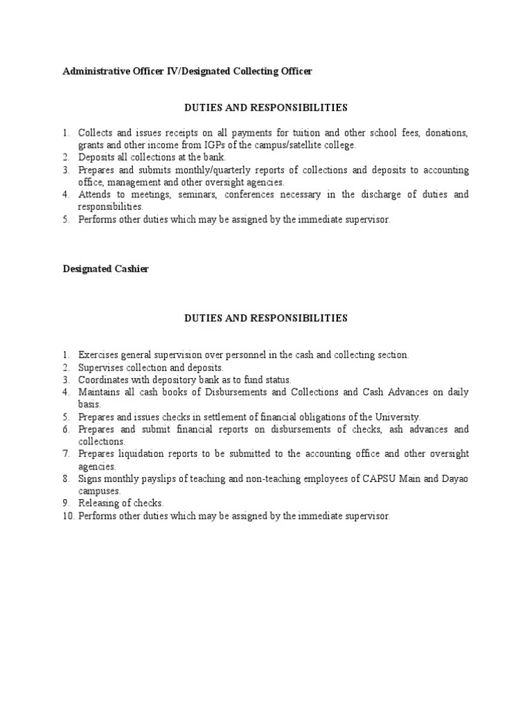 Sample Duties and Responsibilities of Cashier PDF Cashier Banks