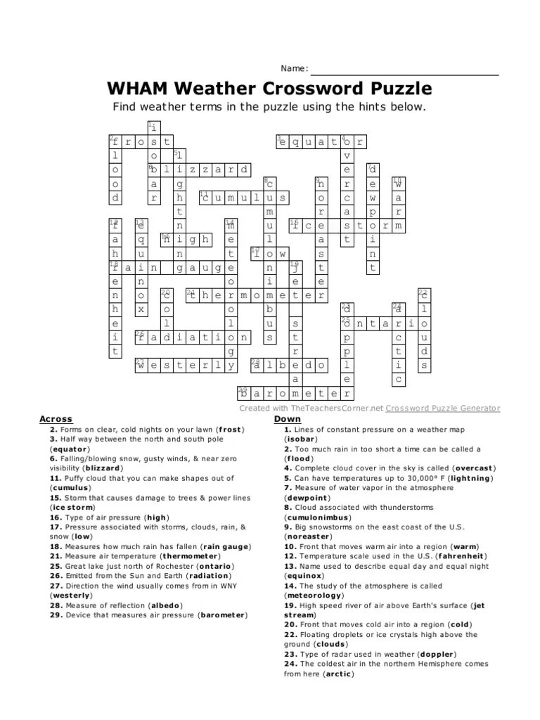 WHAM Weather Crossword Puzzle Answer Key