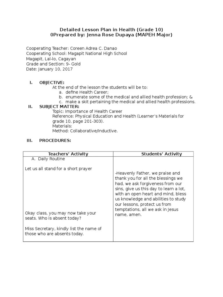 Health Career (01!10!17) Lesson Plan Health Care