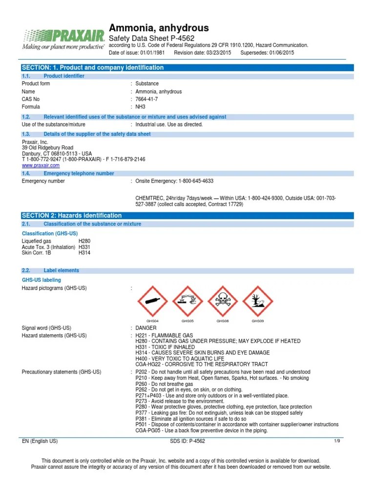 Ammonia NH3 Safety Data Sheet SDS P4562[11669] Personal