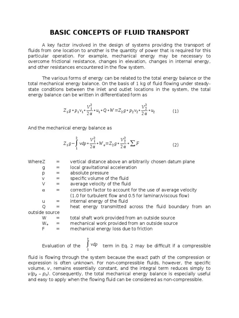 Basic Concepts of Fluid Transport Fluid Dynamics Reynolds Number