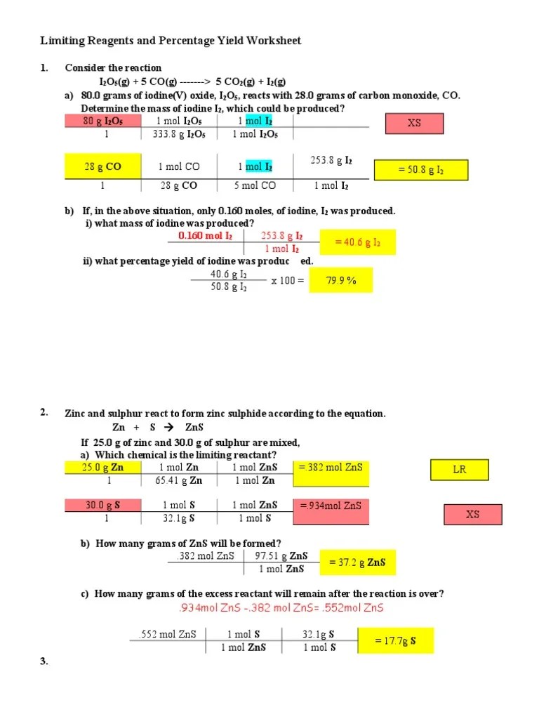 Limiting Reagents and Percentage Yield Worksheet Answers | PDF | Mole