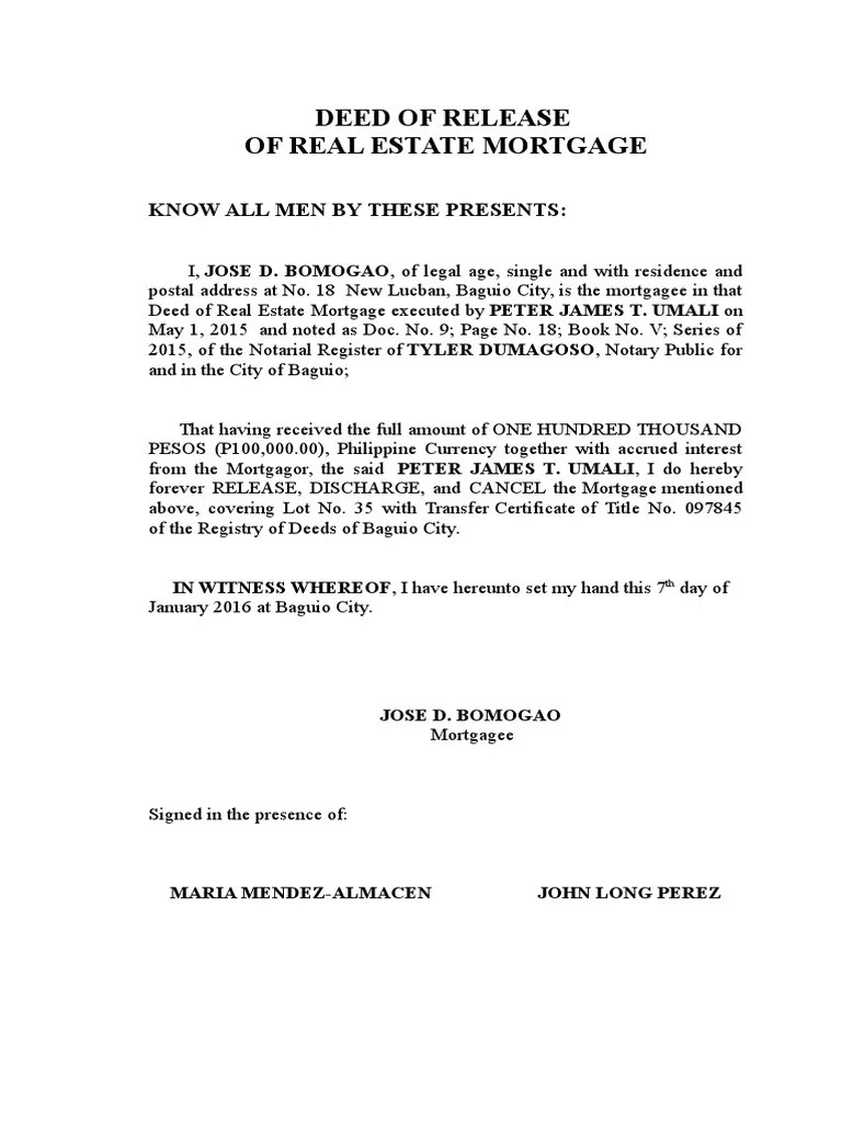 Deed of Release of Rem PDF Mortgage Law Land Law