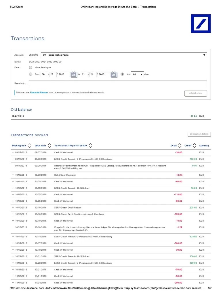 Onlinebanking and Brokerage Deutsche Bank » Transactions Financial