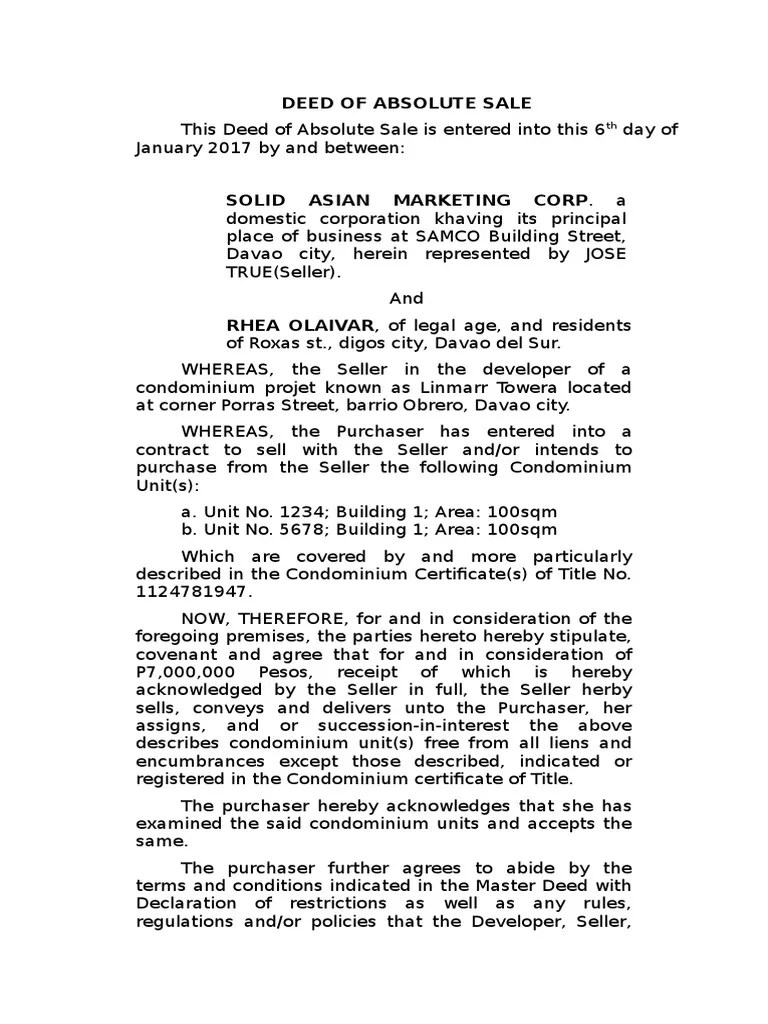 Deed of Absolute Sale of Condominium Unit Deed Condominium