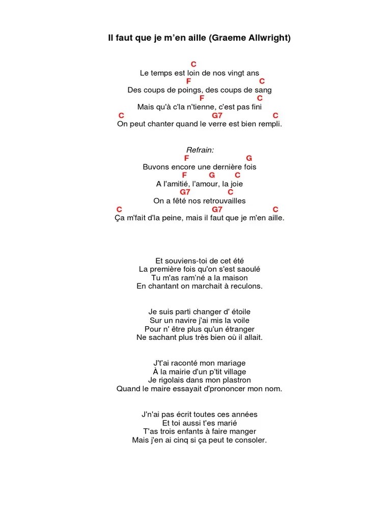 Il faut que je m'en aill Graeme Allwright paroles et accords