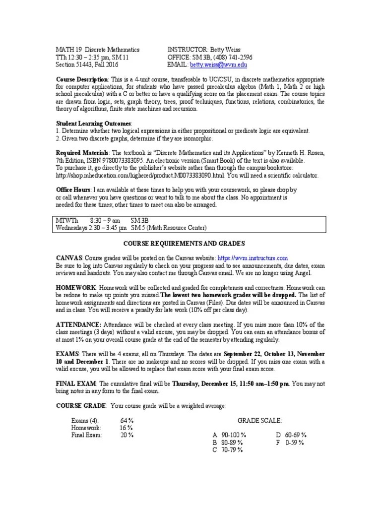 Discrete Math Syllabus PDF Discrete Mathematics Teaching Mathematics