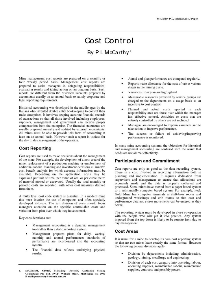 Cost Control Through Effective Management Reporting An Analysis of