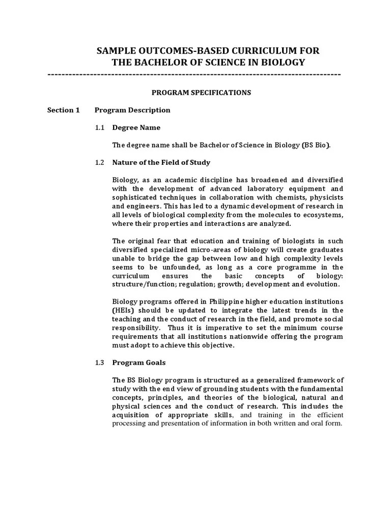 Sample Curricula Bachelor of Science in Biology