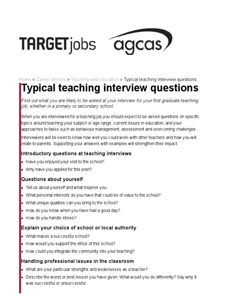 Typical Teaching Interview Questions PDF Literacy Teachers