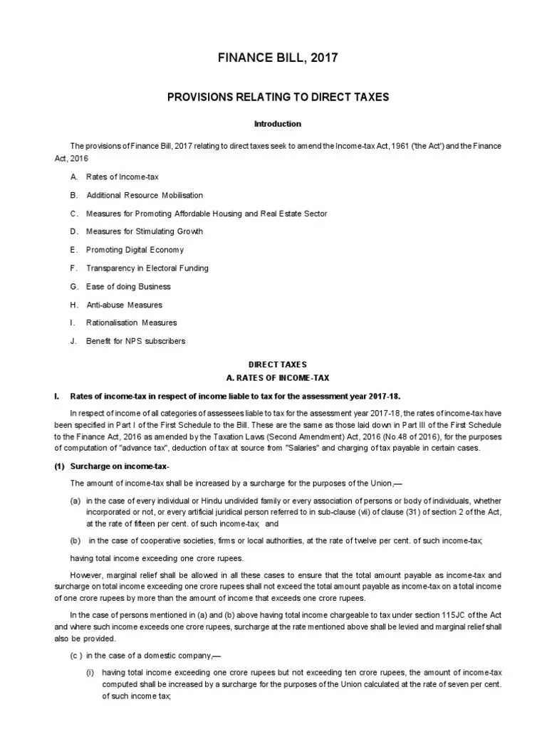 Finance Bill 2017, Direct Tax Changes in Budget 2017 Tax In