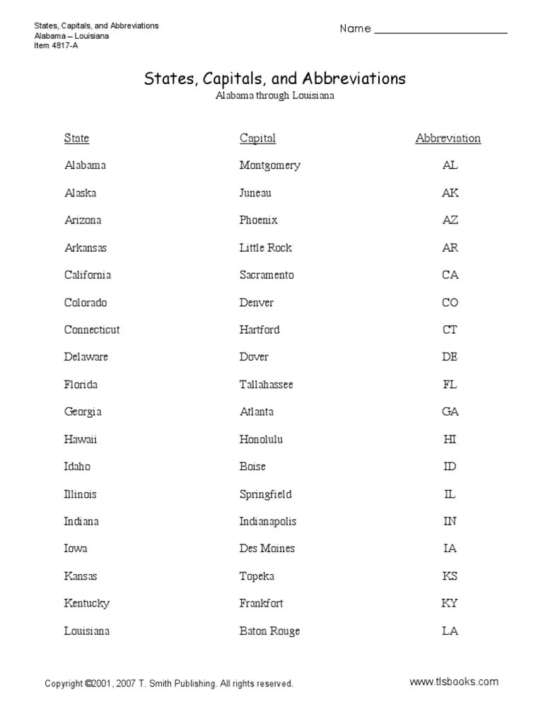 States Capitals Abbreviations U.S. State The United States