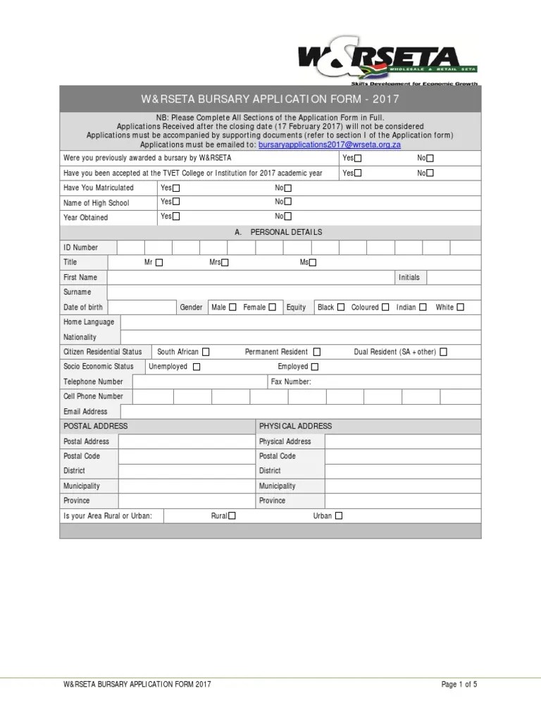 W&rseta Bursary Application Form 2017 Vocational Education Address