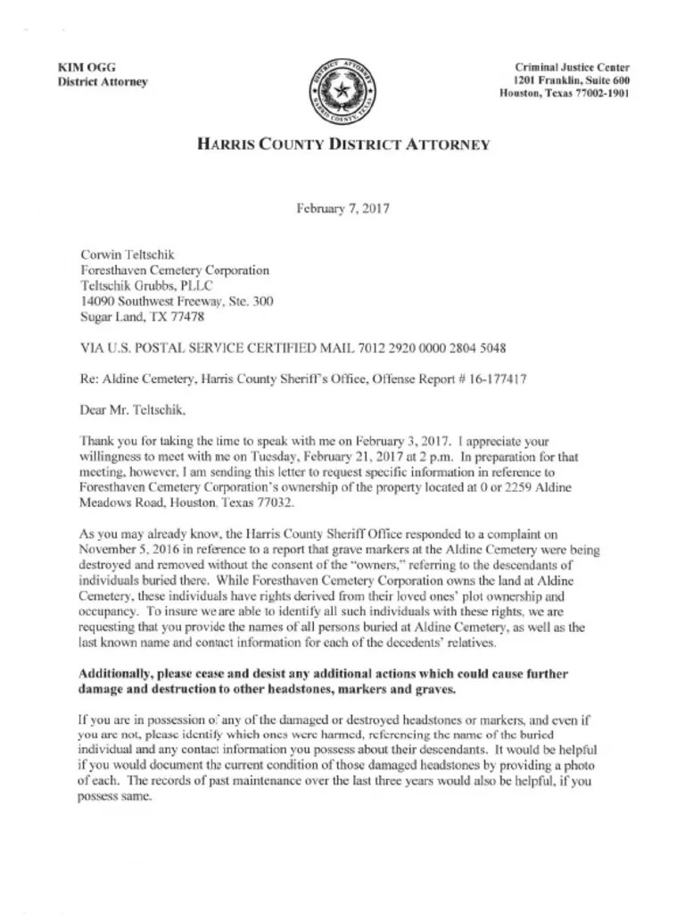 Aldine cemetery letter Funeral Memorial