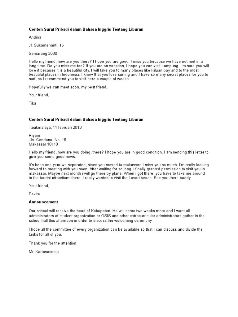Contoh Surat Pribadi Dalam Bahasa Inggris Tentang Liburan - Nusagates