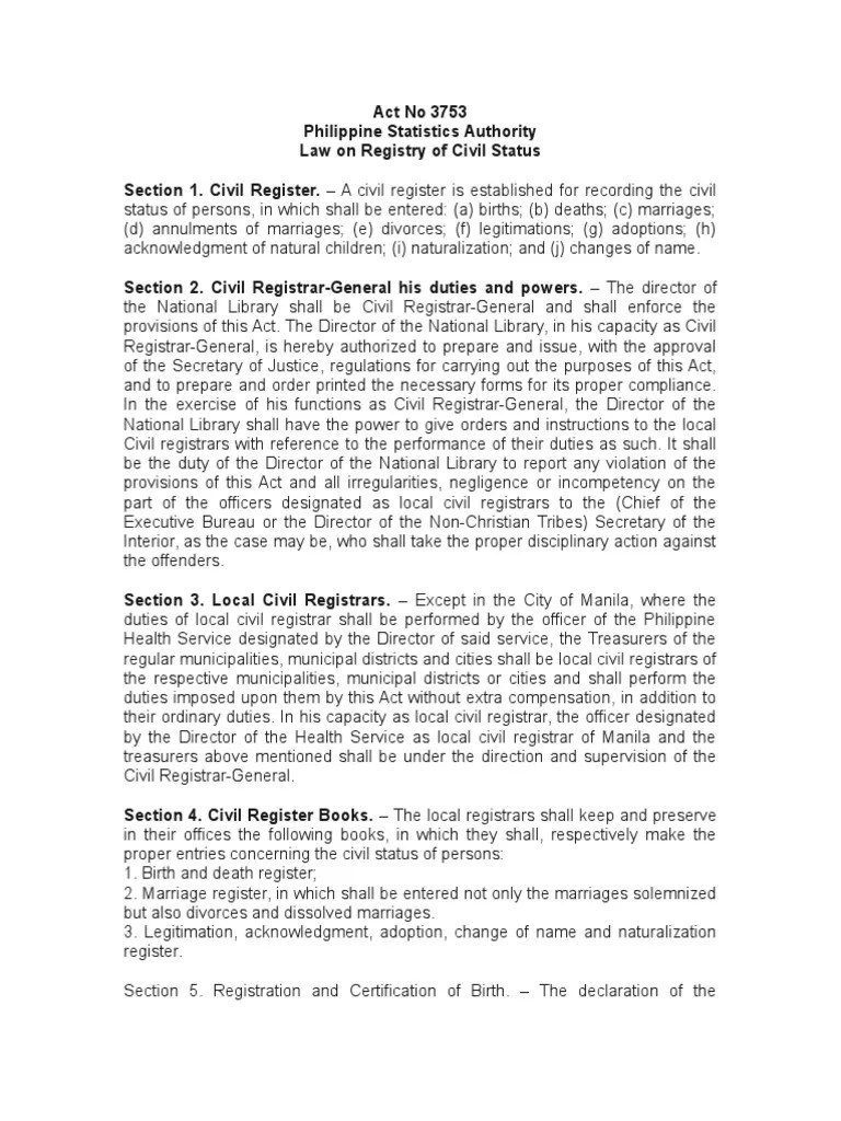 Act No 3753 Law On Registry of Civil Status PDF Death Certificate