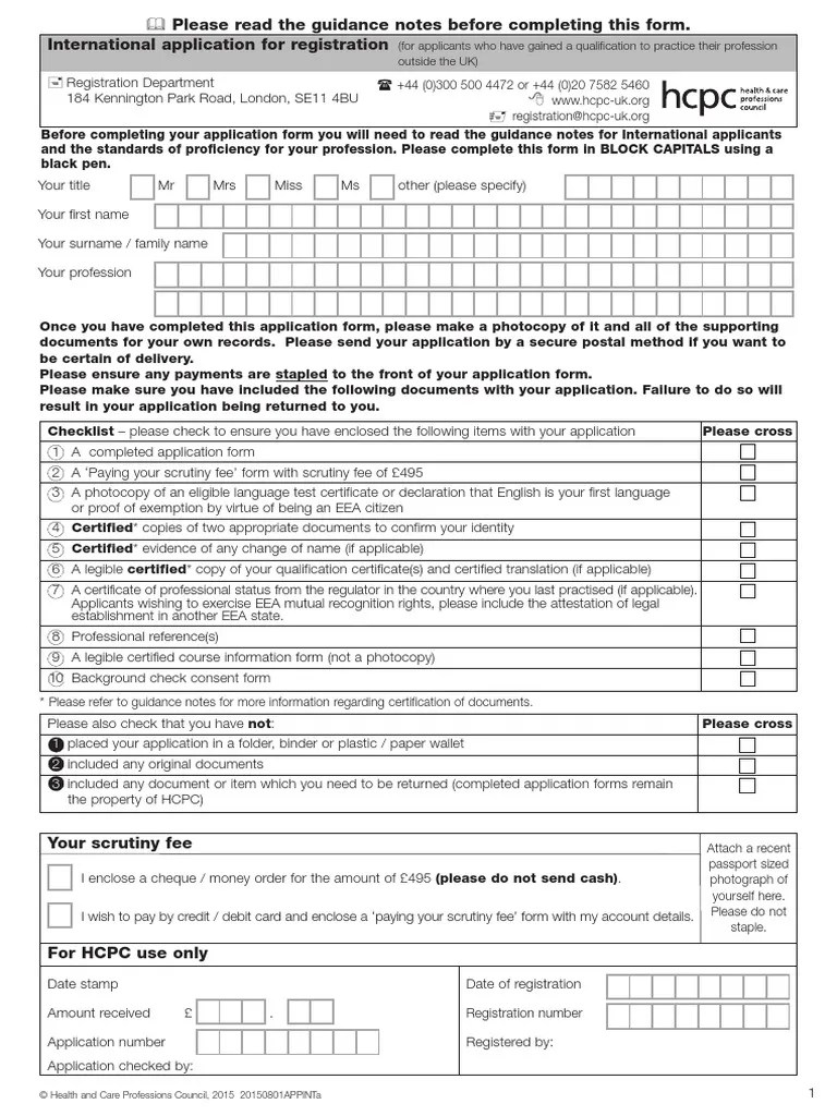 HCPC Registration Form Psychologist Cheque