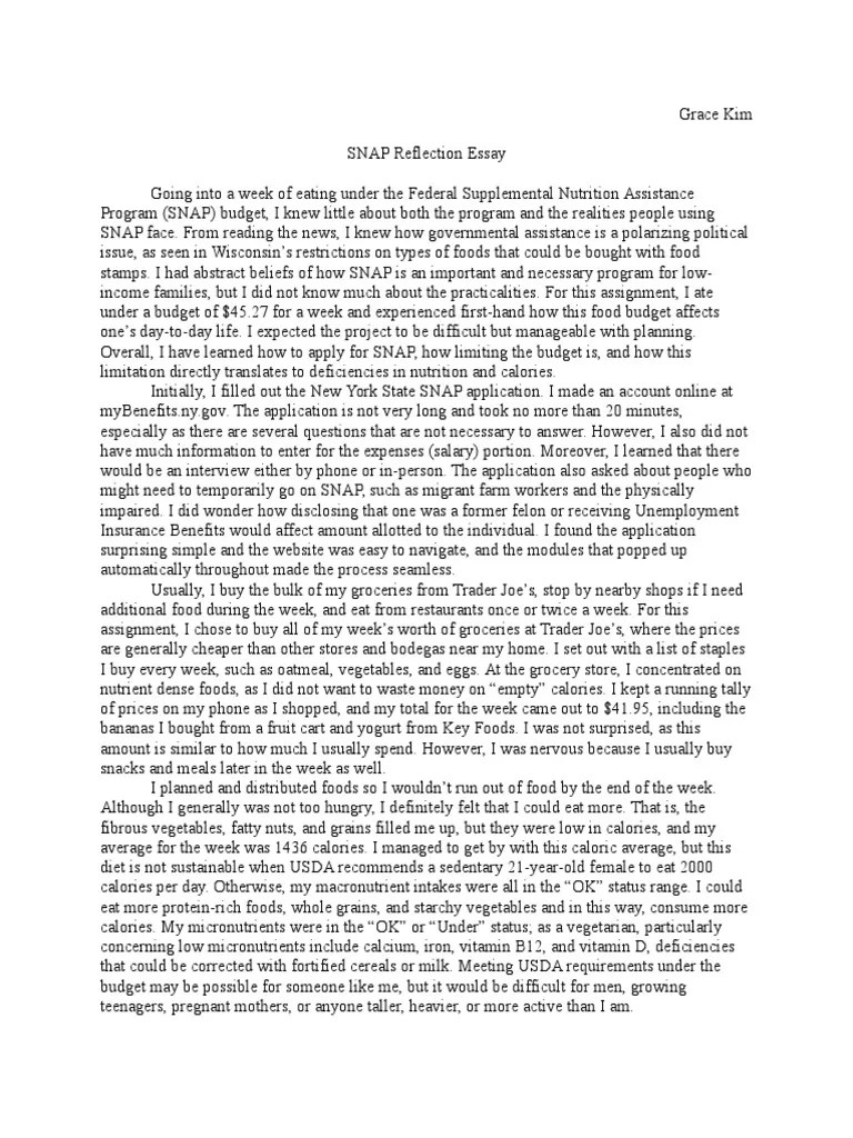Snap Reflection Essay Supplemental Nutrition Assistance Program