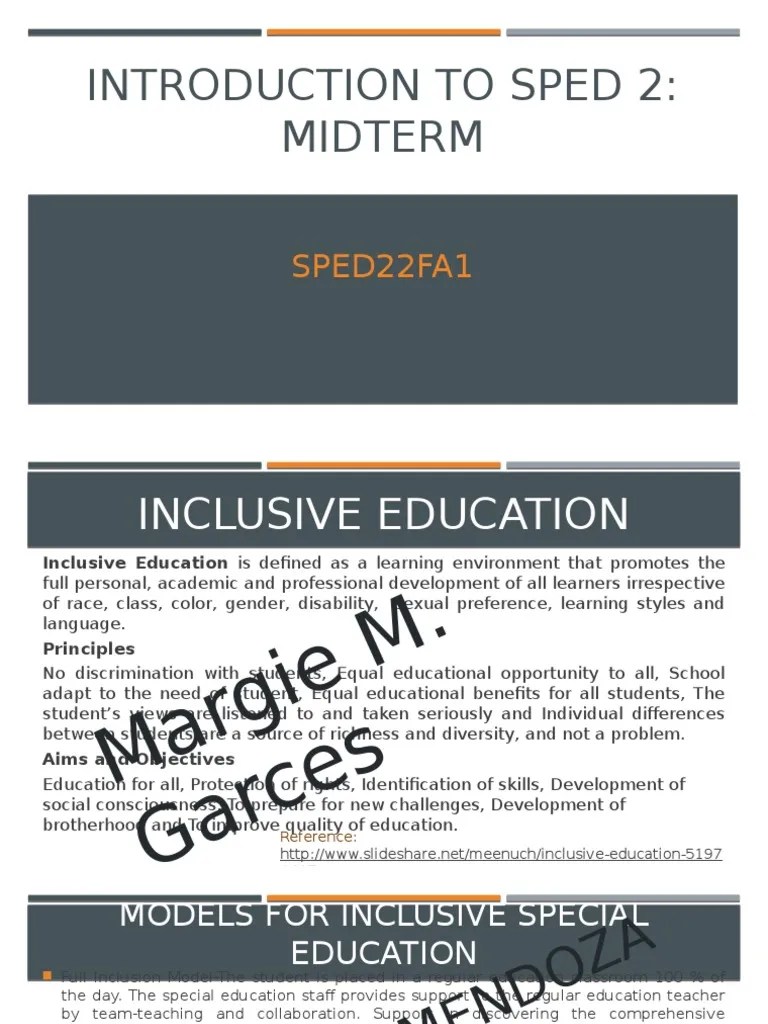 Intro to Sped 2 Midterm Inclusion (Education) Special Education