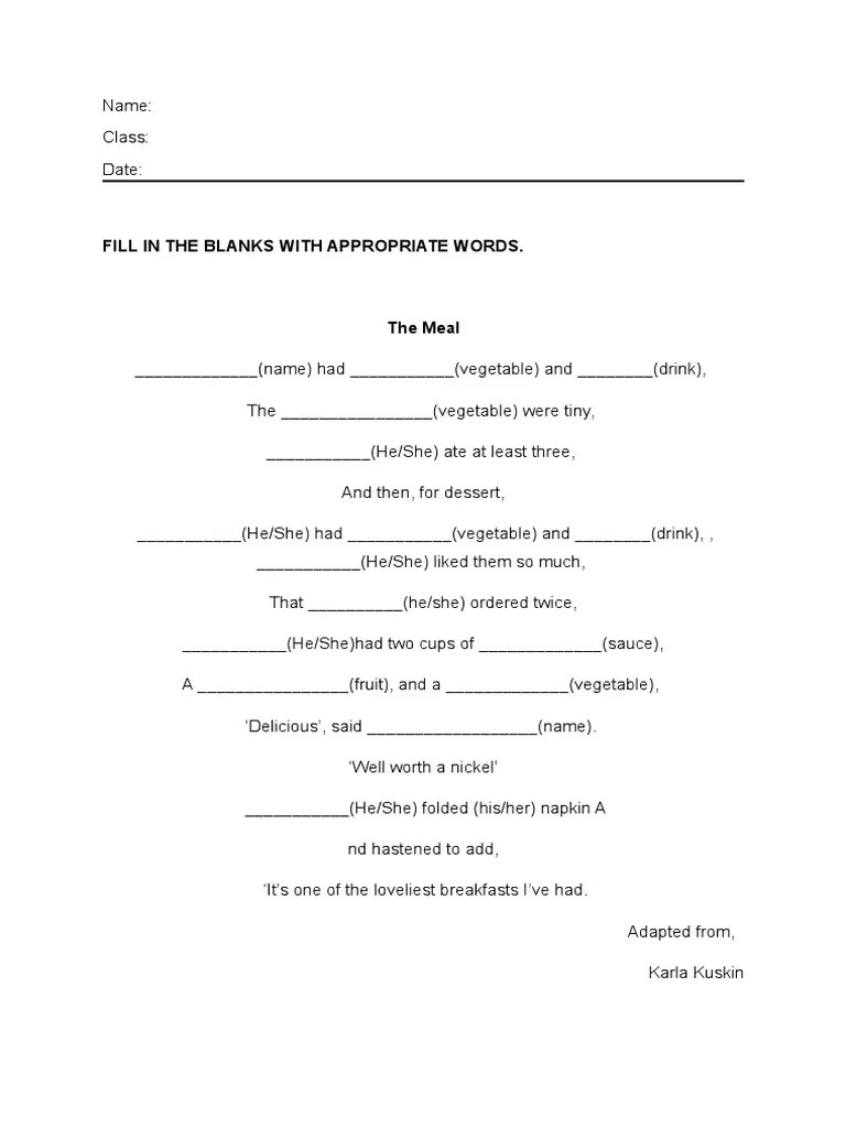 Student worksheet poem fill in the blanks PDF