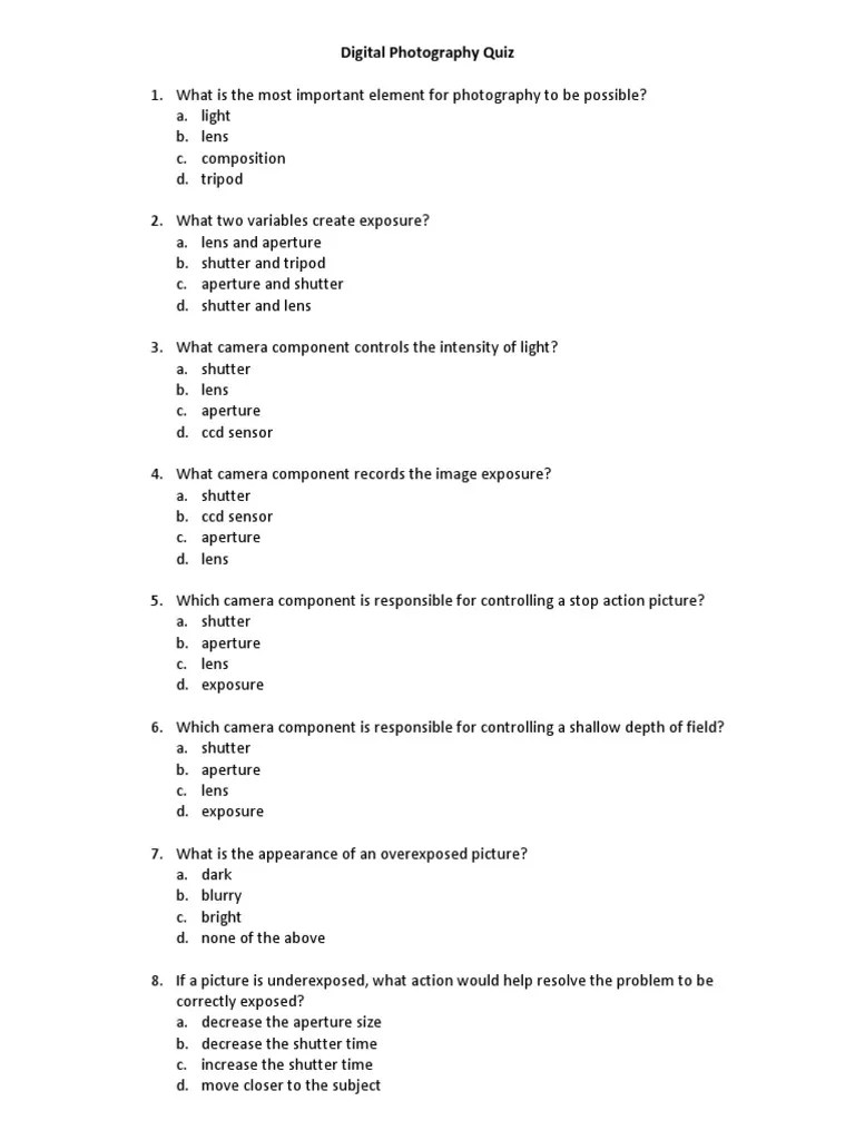 Digital Photography Quiz Exposure (Photography) Shutter (Photography)