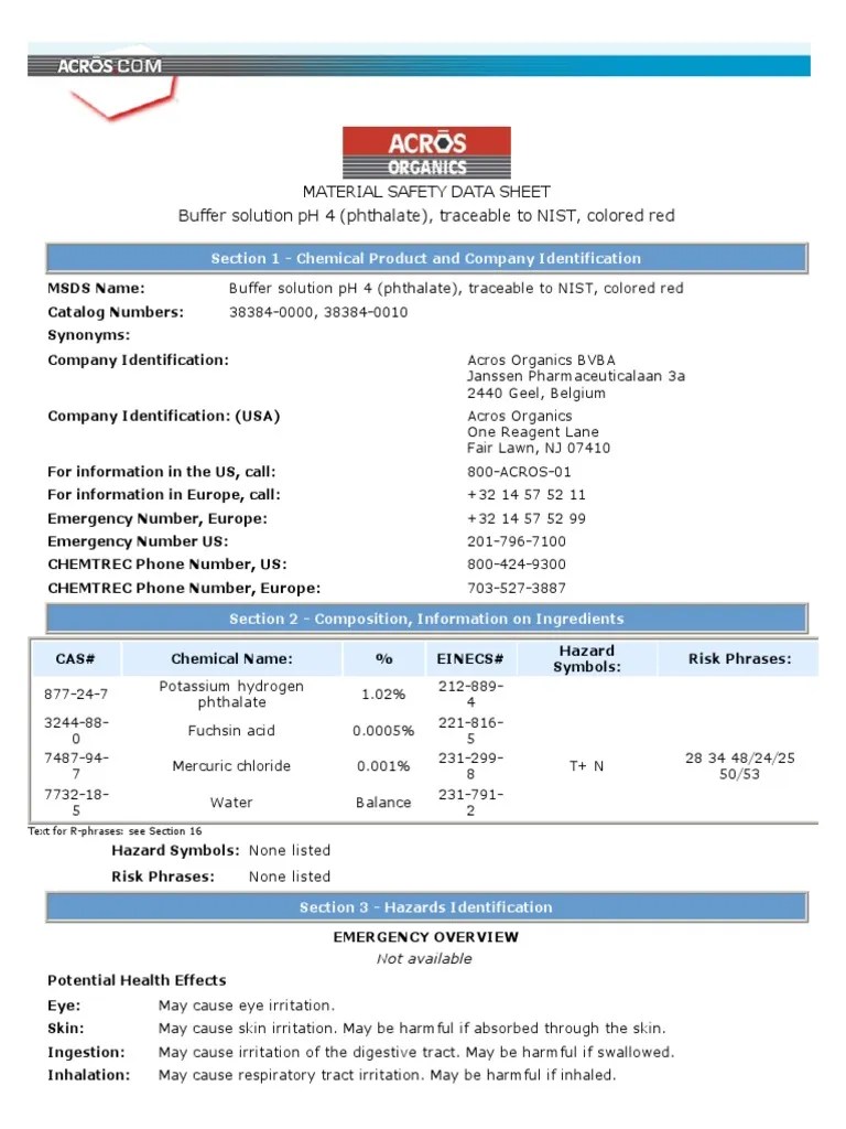 MSDS Buffer Solution PH 4.0 Mercury (Element) Dangerous Goods