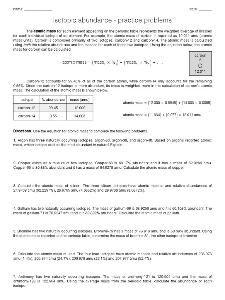 Average Atomic Mass and Percent Abundance Worksheet 2 and KEY Isotope