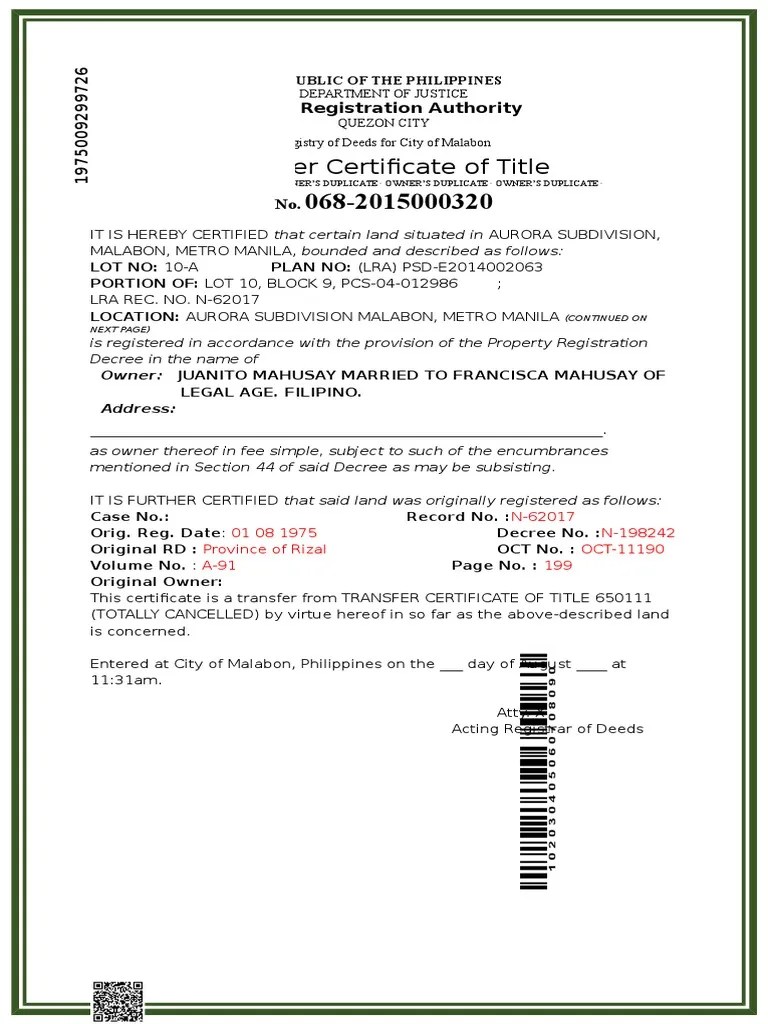 Transfer Certificate of Title Land Registration Authority