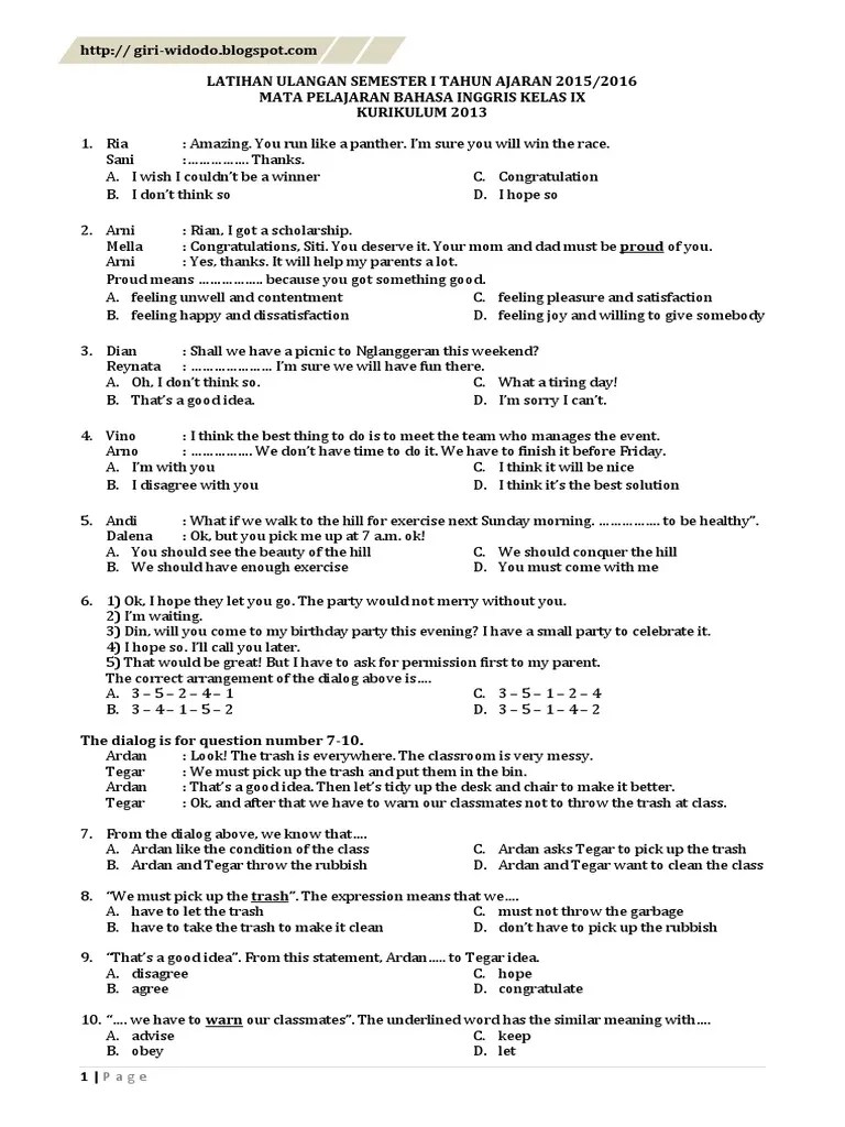 Latihan Soal Uas Bahasa Inggris Kelas 9 Semester 1 Kurtilas | PDF | Foods |  Food And Drink